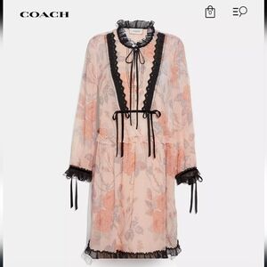 COACH Rose-print Long-sleeve Silk Short Dress In Pink
